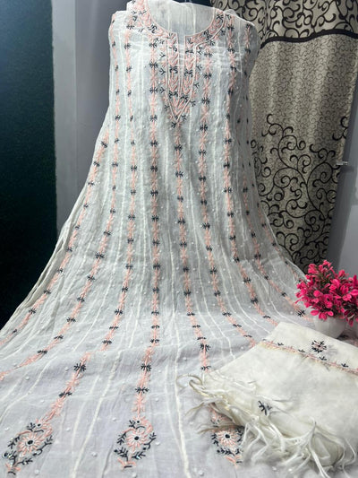 Lucknowi Chikankari Mul Chanderi Anarkali Suit with Pearl & Cutdana Handwork (2-Piece Set)