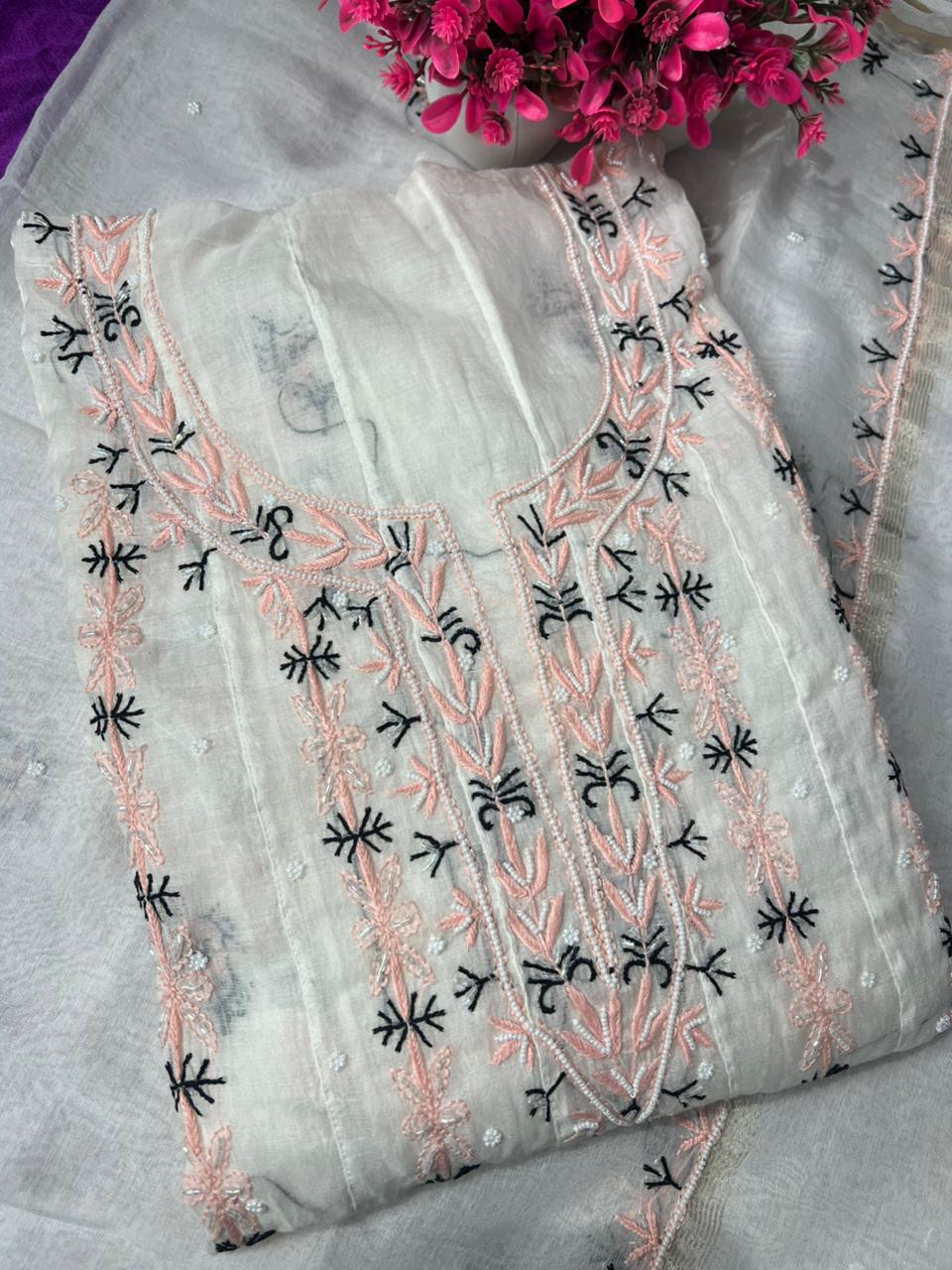 Lucknowi Chikankari Mul Chanderi Anarkali Suit with Pearl & Cutdana Handwork (2-Piece Set)