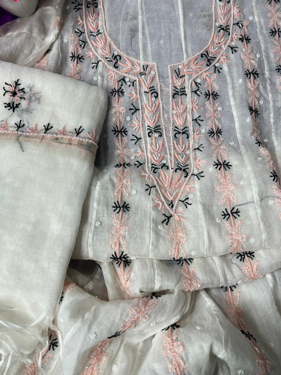 Lucknowi Chikankari Mul Chanderi Anarkali Suit with Pearl & Cutdana Handwork (2-Piece Set)