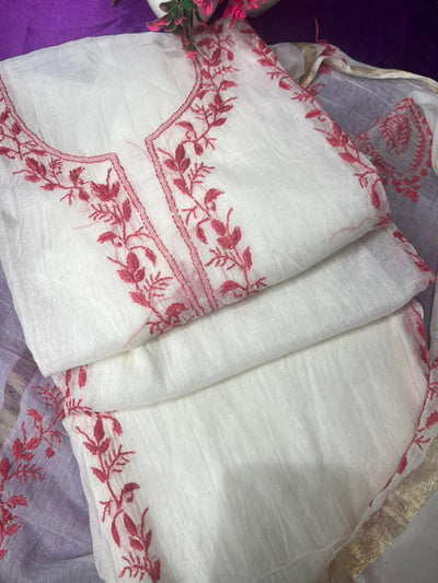 Lucknowi Chikankari Mul Chanderi Unstitched Suit with Kurta & Dupatta