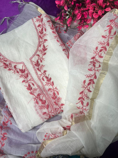 Lucknowi Chikankari Mul Chanderi Unstitched Suit with Kurta & Dupatta
