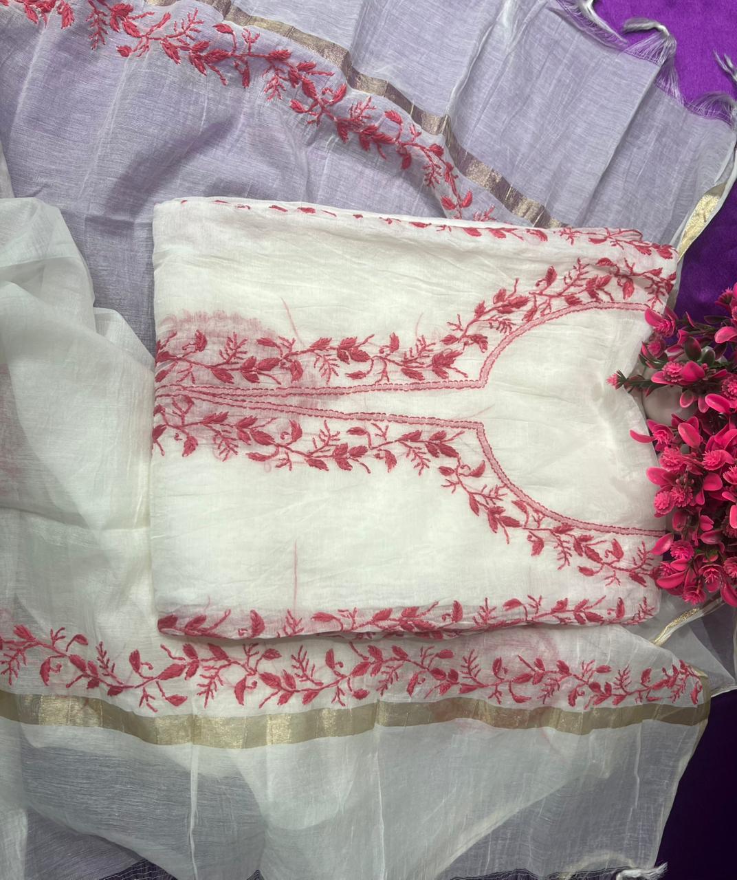 Lucknowi Chikankari Mul Chanderi Unstitched Suit with Kurta & Dupatta