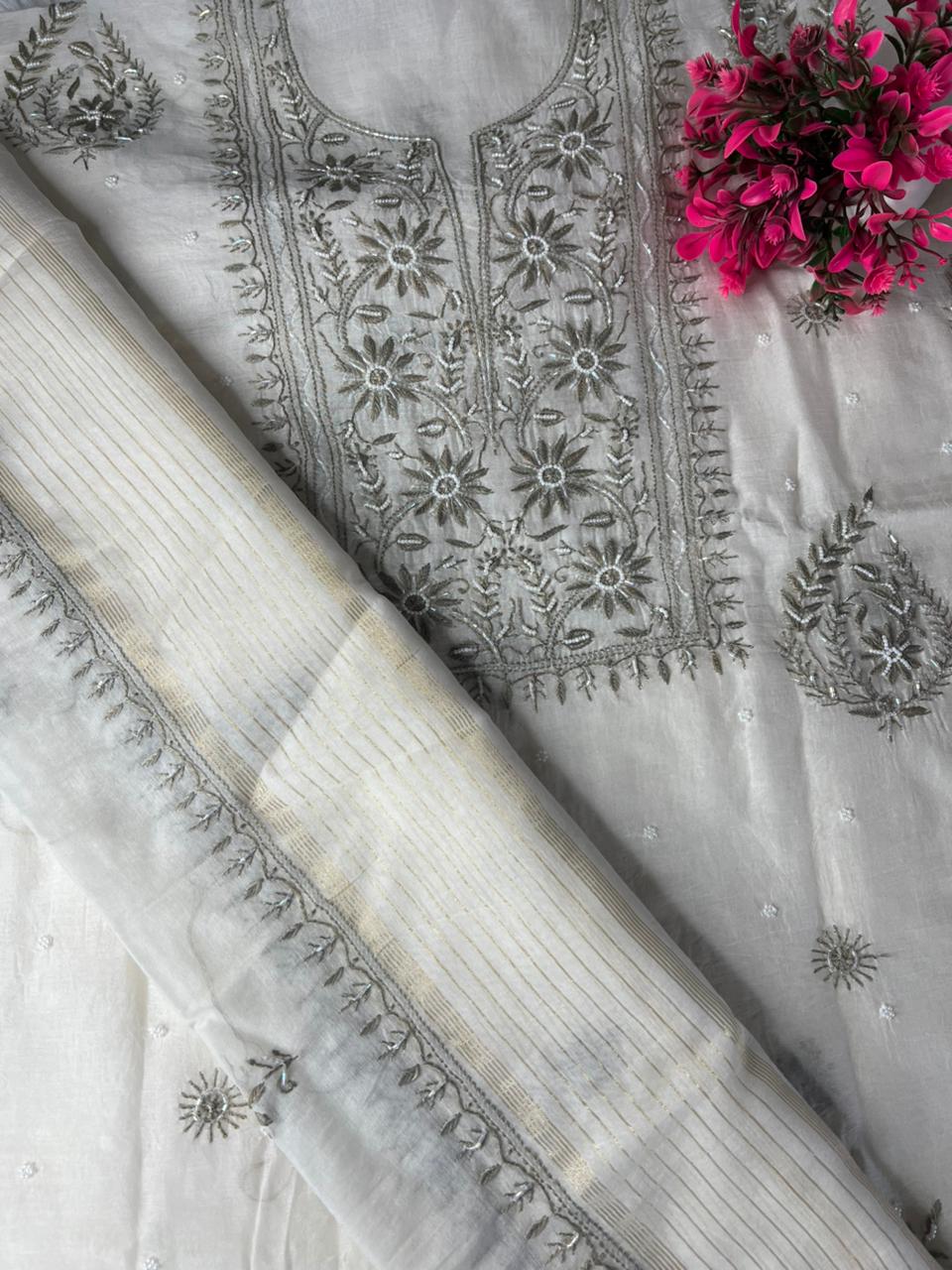 Women’s Lucknowi Handcrafted Mul Chanderi Unstitched Kurta And Dupatta Set