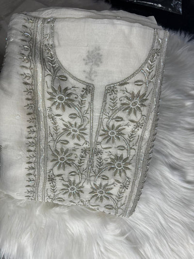 Women’s Lucknowi Handcrafted Mul Chanderi Unstitched Kurta And Dupatta Set