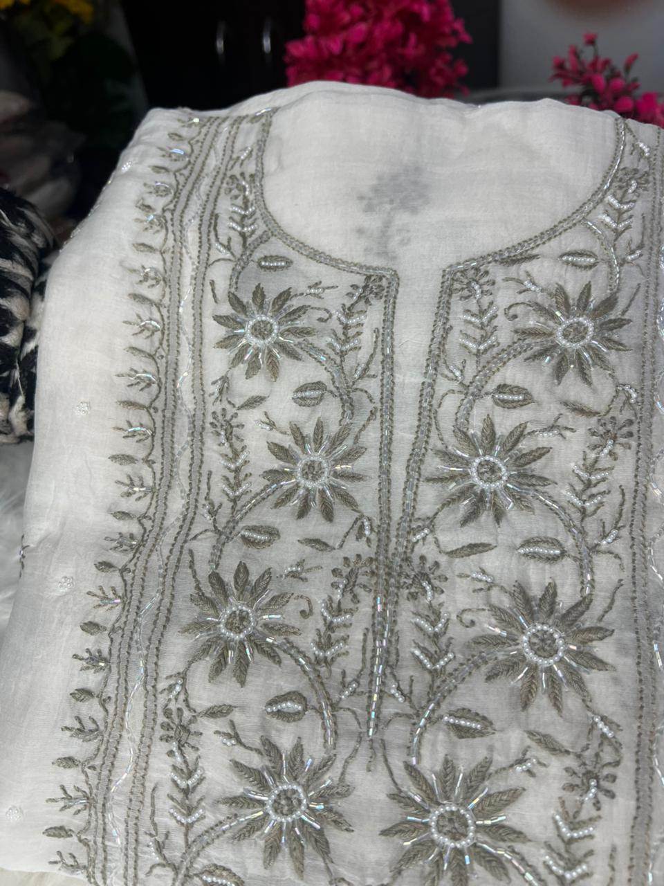 Women’s Lucknowi Handcrafted Mul Chanderi Unstitched Kurta And Dupatta Set