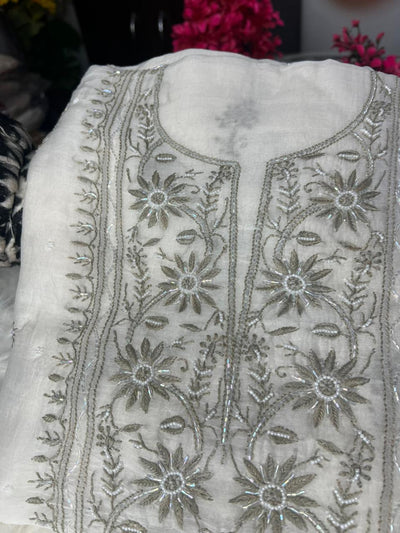 Women’s Lucknowi Handcrafted Mul Chanderi Unstitched Kurta And Dupatta Set