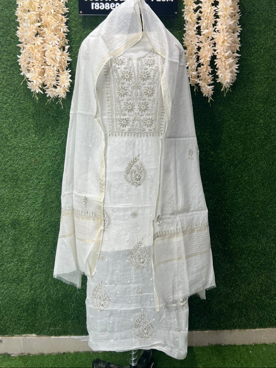 Women’s Lucknowi Handcrafted Mul Chanderi Unstitched Kurta And Dupatta Set