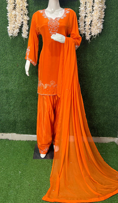 Orange Crepe Zardozi Farshi Suit Set with Top & Chiffon Dupatta