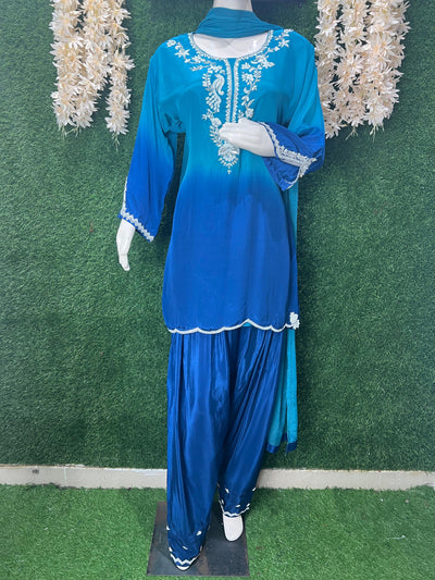 Ombre Embroidered Crepe Farshi Suit Set with Cutdana & Pearl Handwork