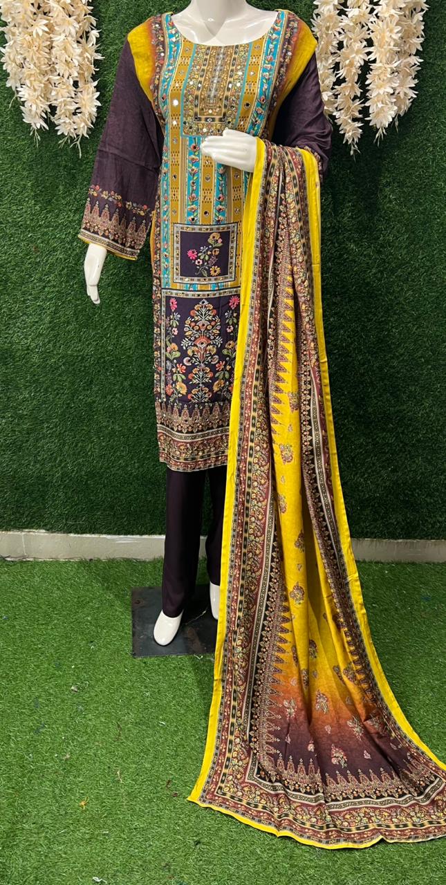 Muslin Real Mirror Work Printed 3 Piece Suit Set With Pant & Dupatta