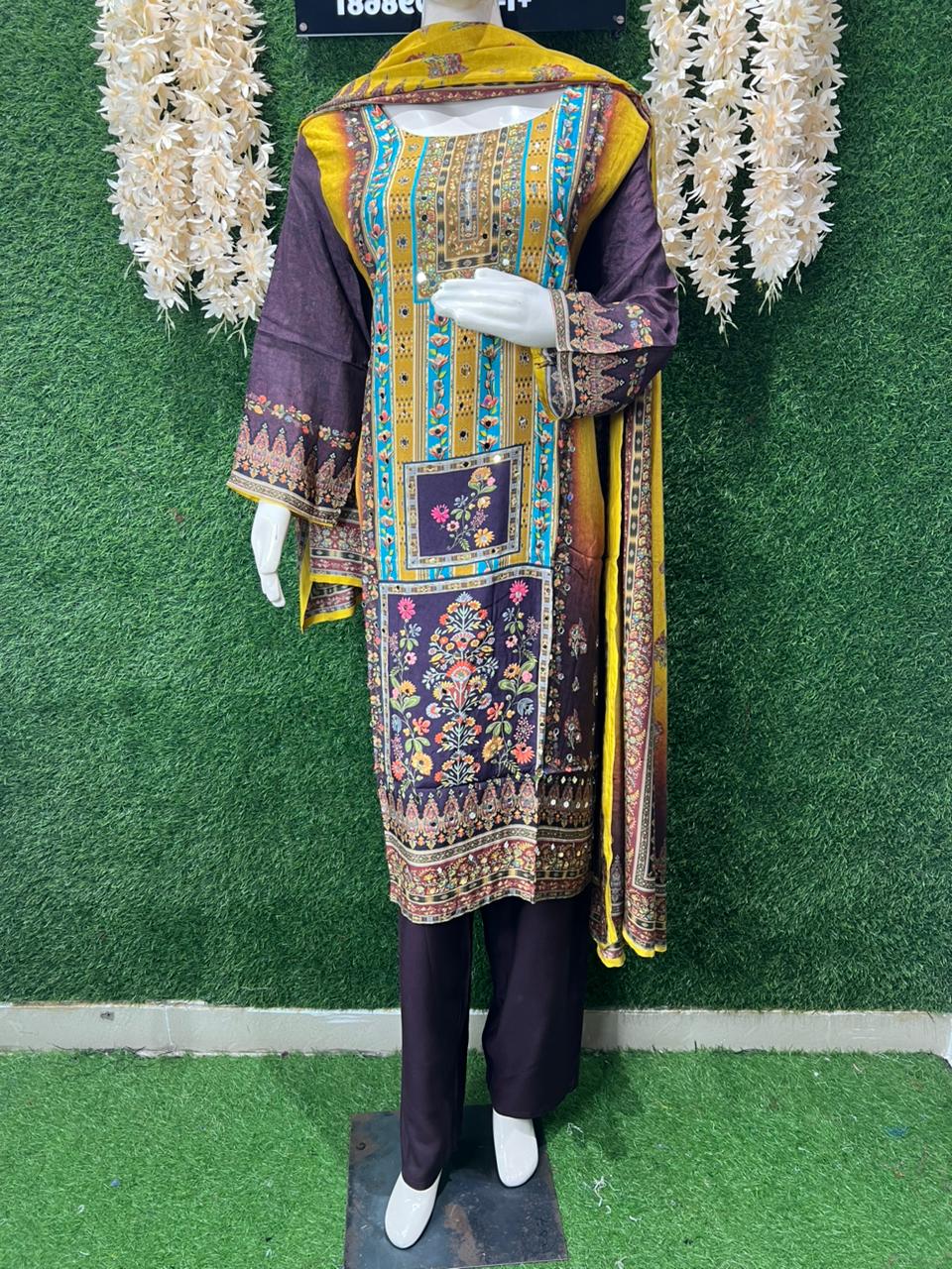 Muslin Real Mirror Work Printed 3 Piece Suit Set With Pant & Dupatta