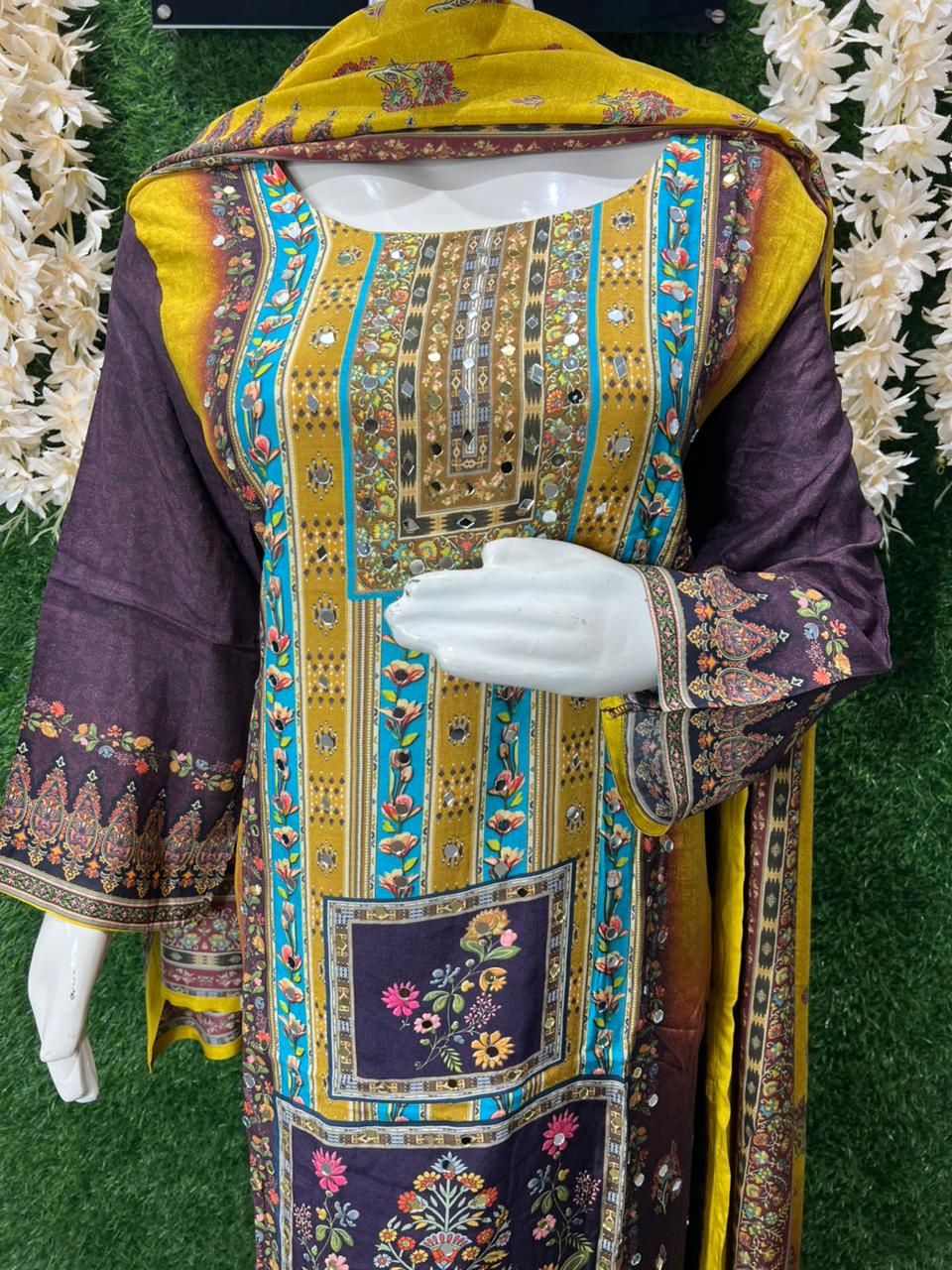 Muslin Real Mirror Work Printed 3 Piece Suit Set With Pant & Dupatta