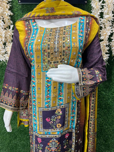 Muslin Real Mirror Work Printed 3 Piece Suit Set With Pant & Dupatta