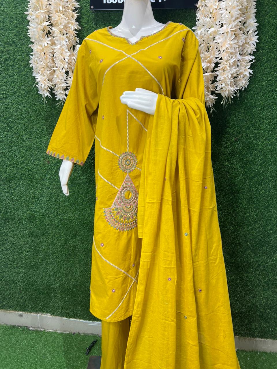 Gajji Silk A-Line Kurti & Pant Set with Applique Patch Embroidery