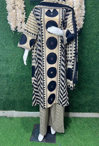 Hand Block Ajrakh Cotton Kurti Pant 3 Piece Suit With Real Mirror Work