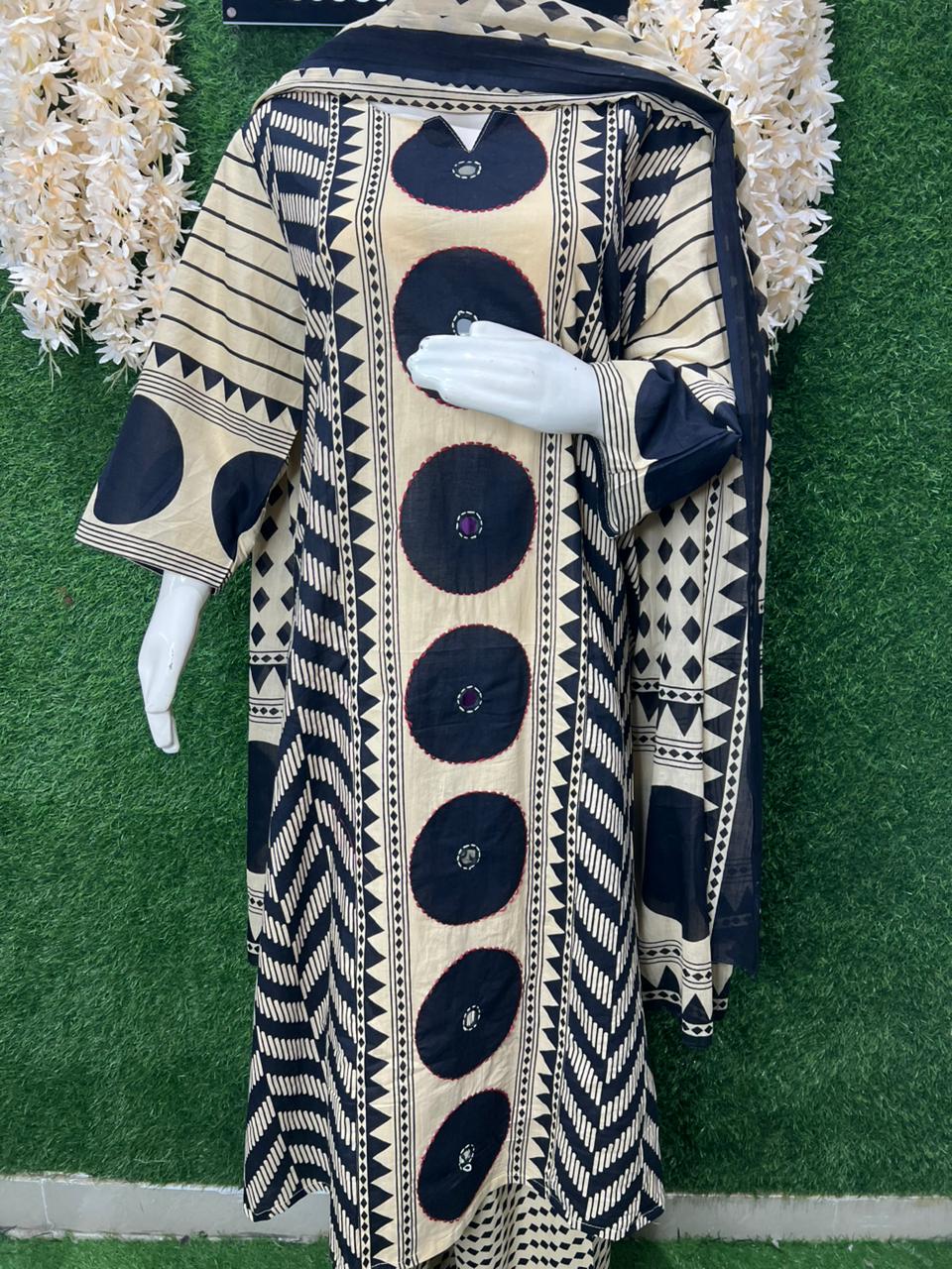 Hand Block Ajrakh Cotton Kurti Pant 3 Piece Suit With Real Mirror Work