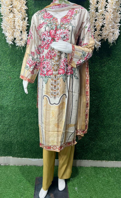 Viscose Digital Printed 3 Piece Suit With Real Mirror Work