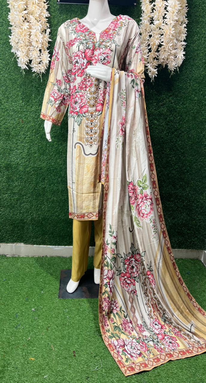 Viscose Digital Printed 3 Piece Suit With Real Mirror Work