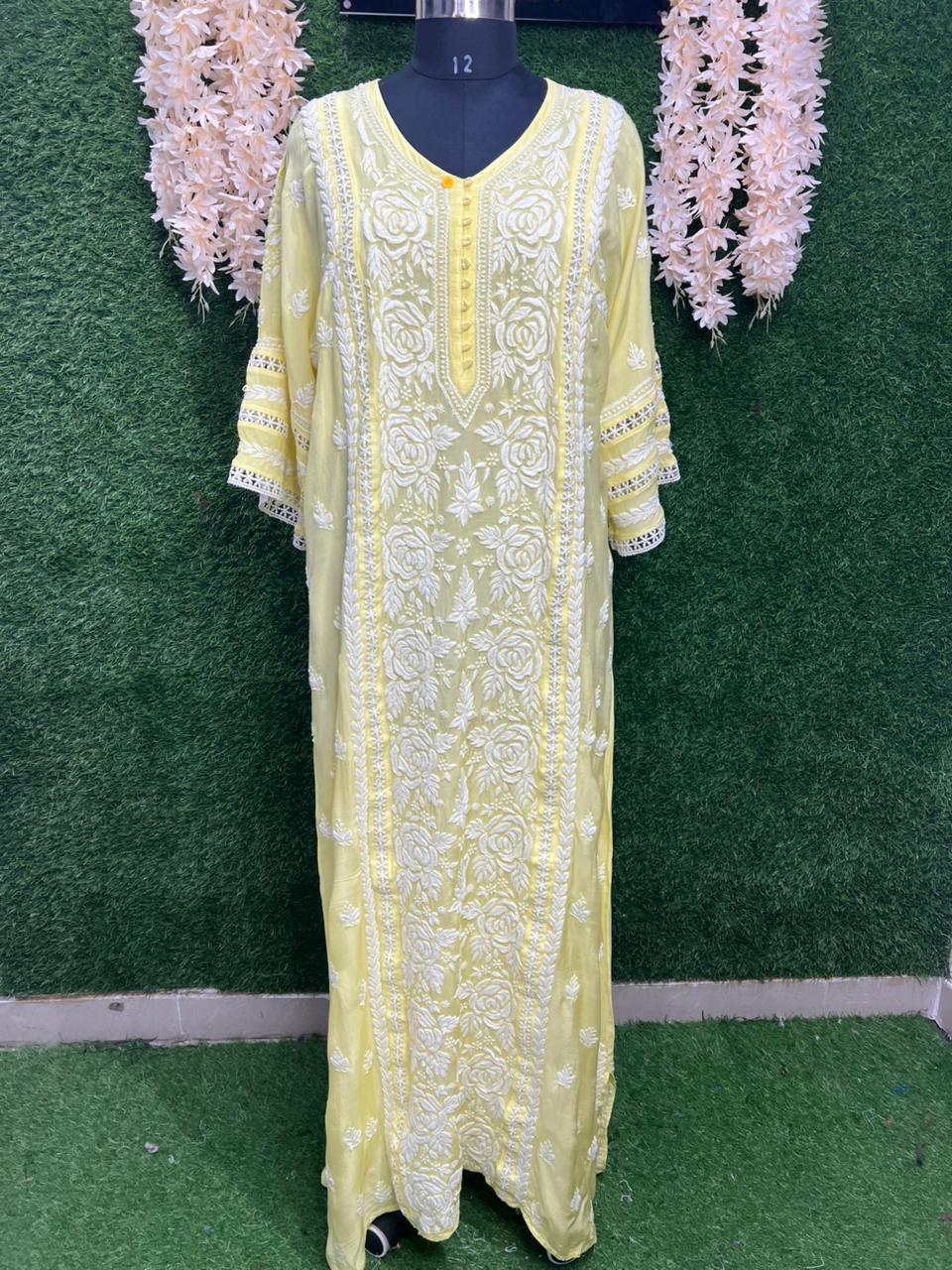 Lucknowi Chikankari Muslin Silk Maharani long Dress with Full Lace Work