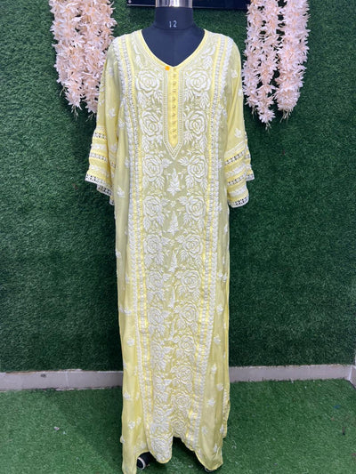 Lucknowi Chikankari Muslin Silk Maharani long Dress with Full Lace Work