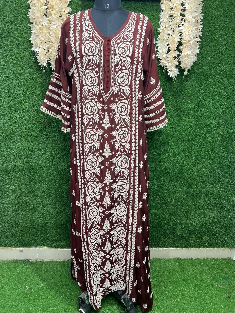 Lucknowi Chikankari Muslin Silk Maharani long Dress with Full Lace Work