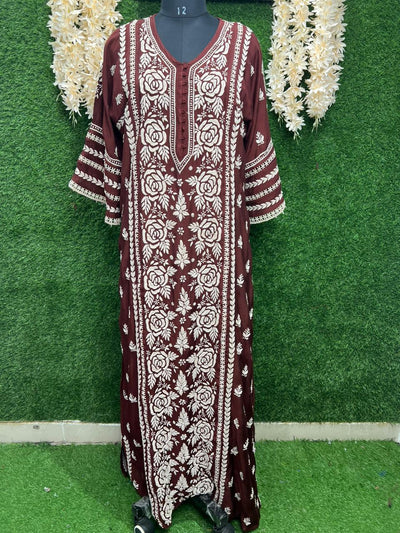 Lucknowi Chikankari Muslin Silk Maharani long Dress with Full Lace Work