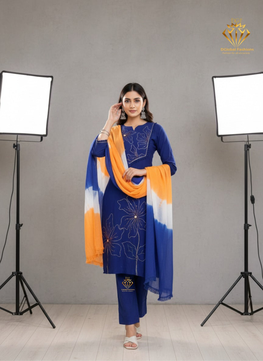 Women’s Blue Manual Embroidery Straight Kurta with Pant & Dupatta