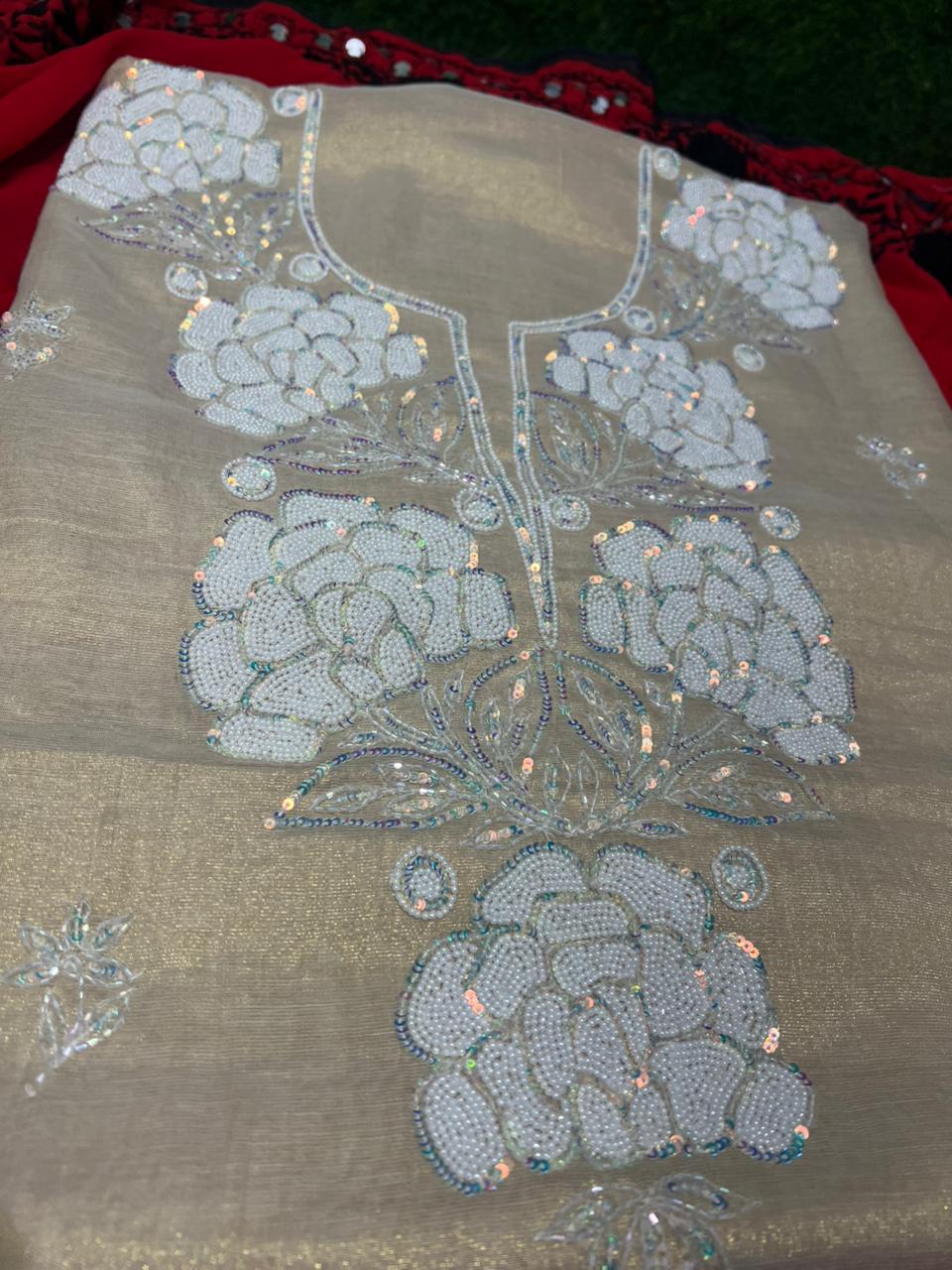 Lucknowi Chikankari Tissue Shimmer Kurta Dupatta Set with Cutdana, Pearl & Sequin Handwork