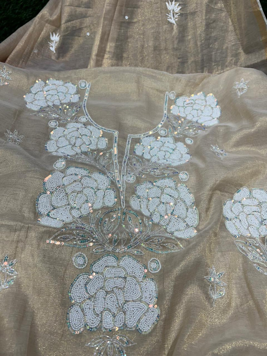 Lucknowi Chikankari Tissue Shimmer Kurta Dupatta Set with Cutdana, Pearl & Sequin Handwork