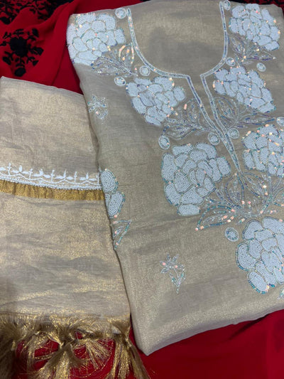 Lucknowi Chikankari Tissue Shimmer Kurta Dupatta Set with Cutdana, Pearl & Sequin Handwork