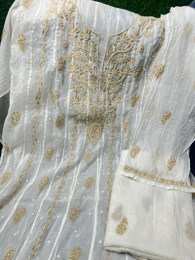 Unstitched Lucknowi Chikankari Mul Chanderi Anarkali with Sequin Handwork