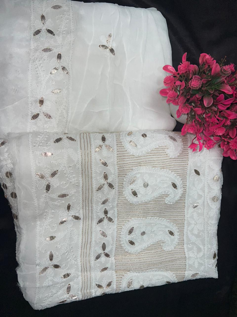 Viscose Georgette Lucknowi Chikankari Unstitched Suit Set with Kasab Gota Patti Work
