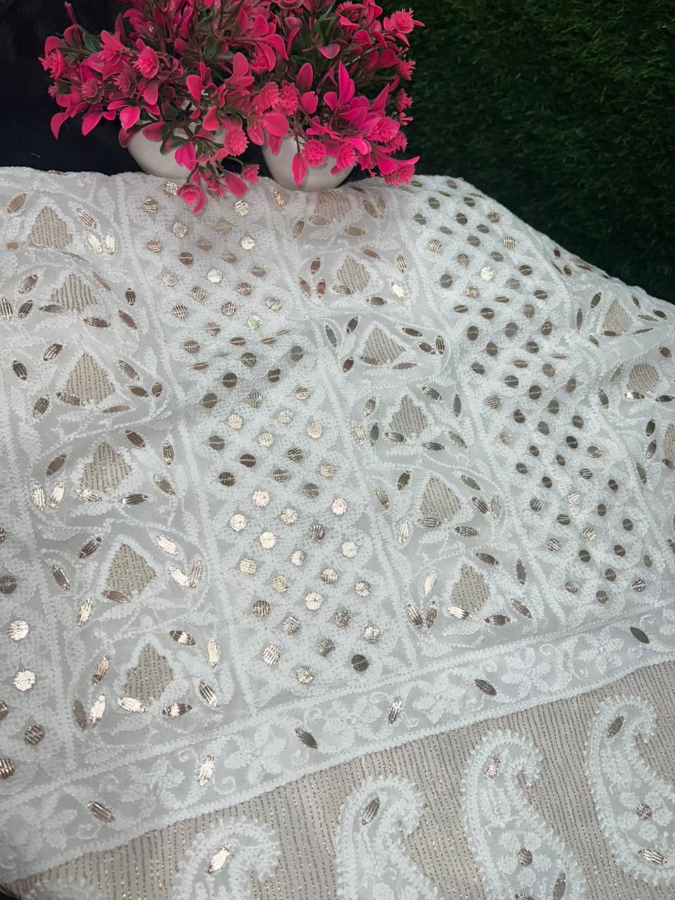 Viscose Georgette Lucknowi Chikankari Unstitched Suit Set with Kasab Gota Patti Work