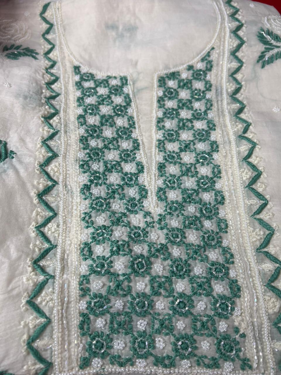 Lucknowi Chikankari Kurta & Dupatta Set in Mulmul Chanderi with Pearl & Cutdana Embroidery