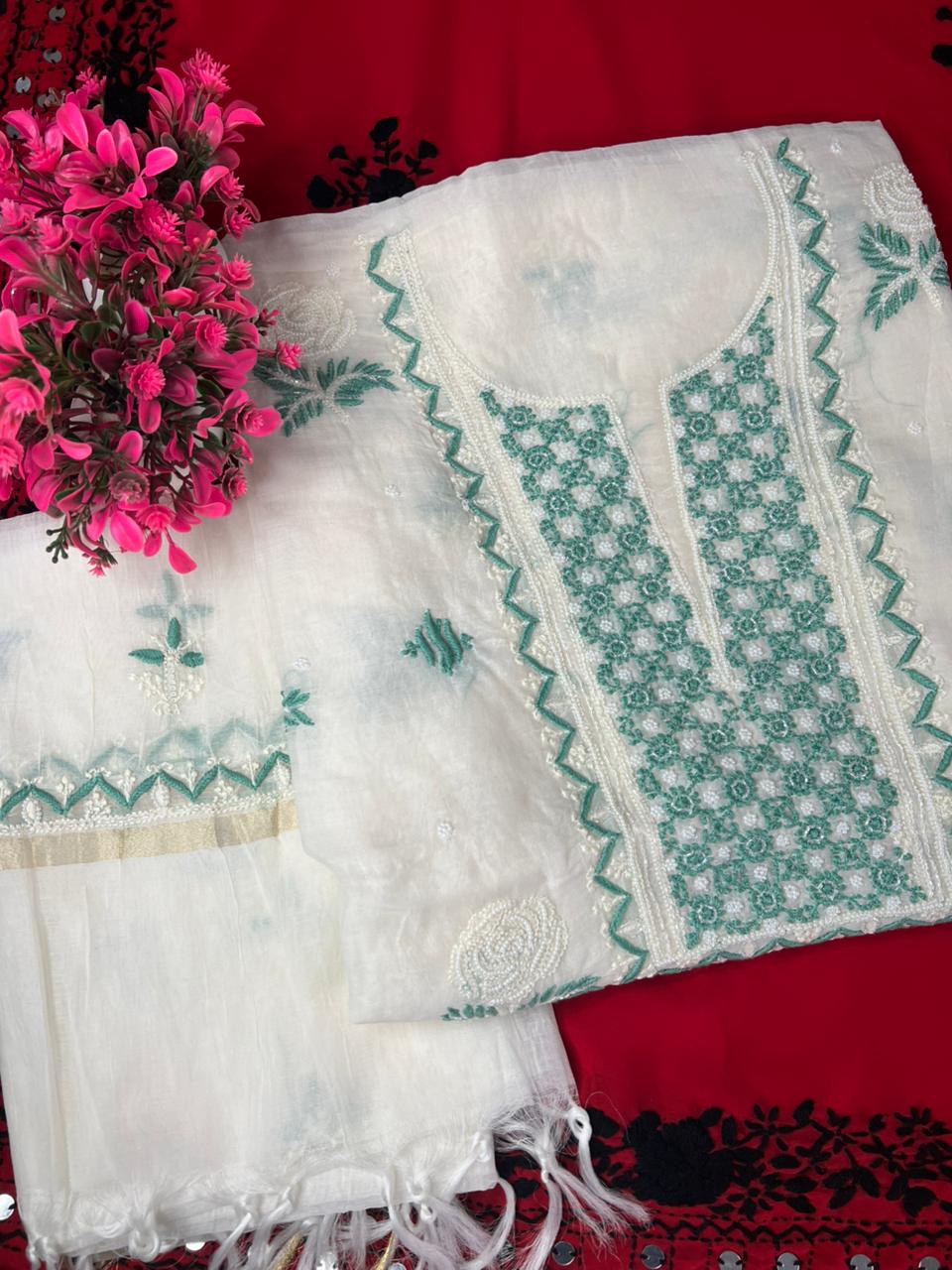 Lucknowi Chikankari Kurta & Dupatta Set in Mulmul Chanderi with Pearl & Cutdana Embroidery