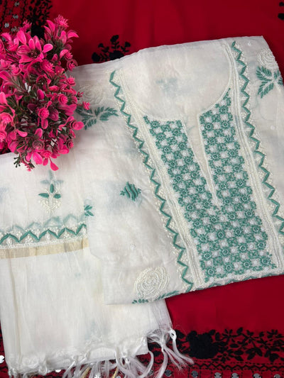 Lucknowi Chikankari Kurta & Dupatta Set in Mulmul Chanderi with Pearl & Cutdana Embroidery