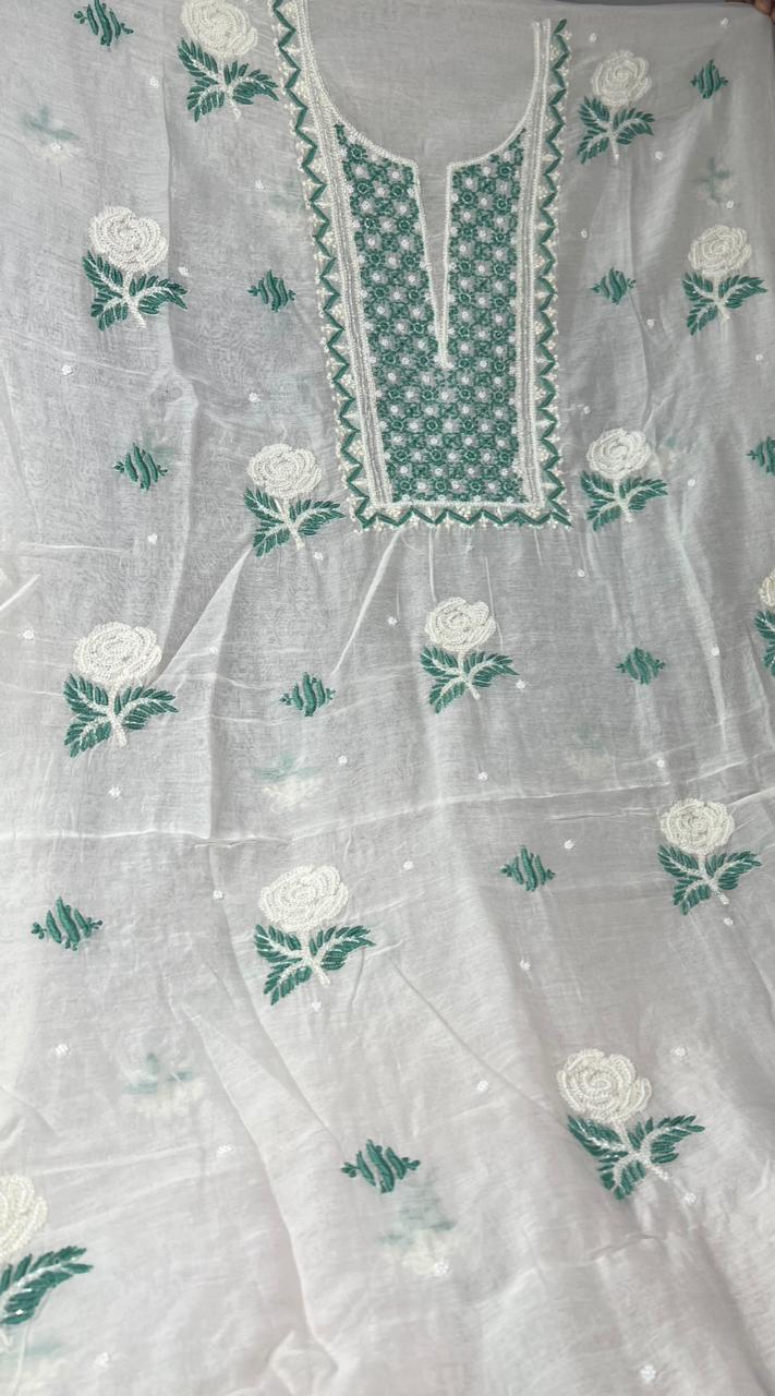 Lucknowi Chikankari Kurta & Dupatta Set in Mulmul Chanderi with Pearl & Cutdana Embroidery