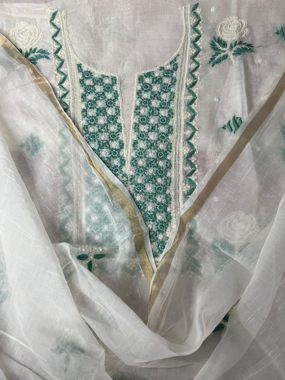 Lucknowi Chikankari Kurta & Dupatta Set in Mulmul Chanderi with Pearl & Cutdana Embroidery