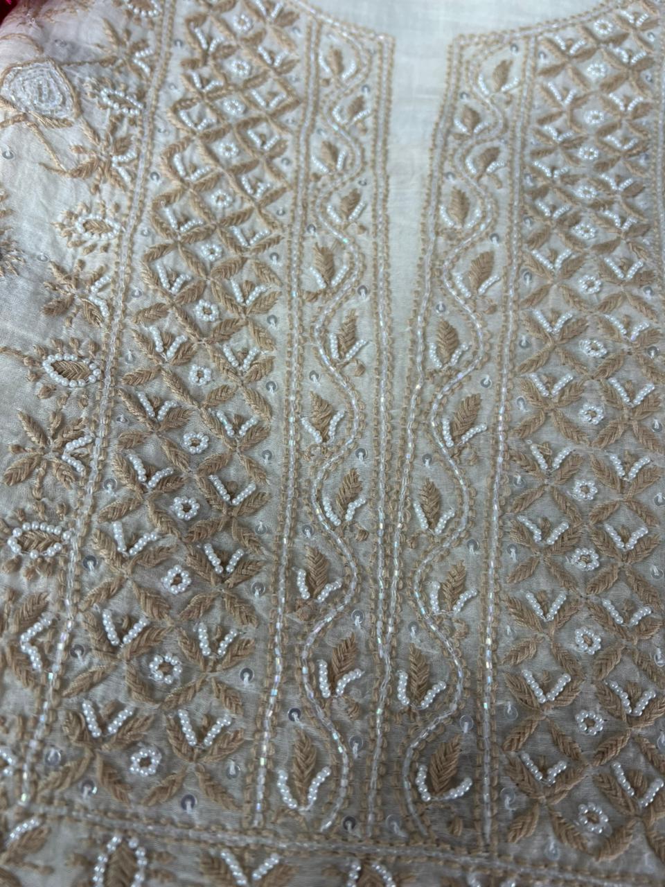 Mul Chanderi 2 Taar Lucknowi Chikankari full jaal Kurta with Dupatta Set