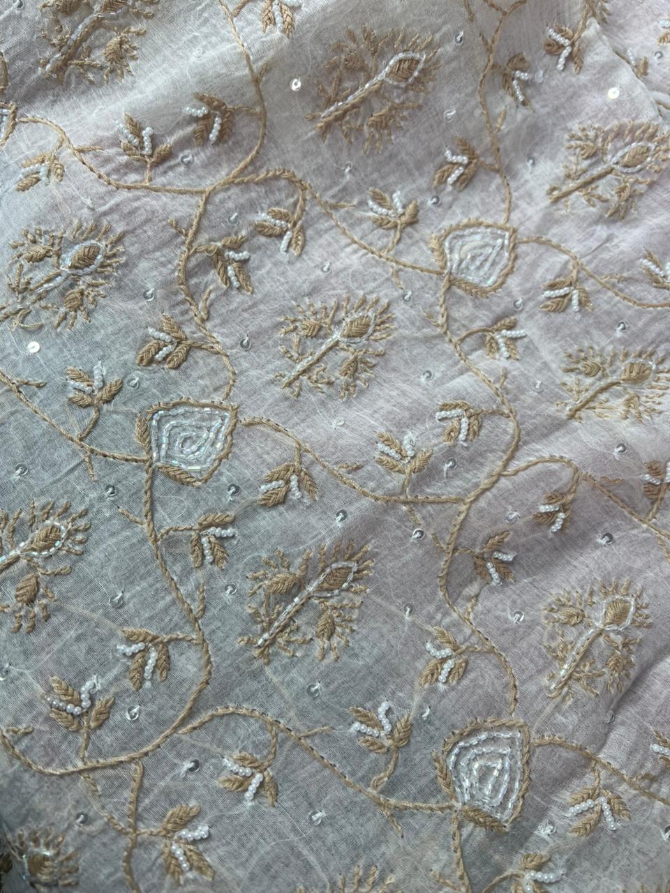 Mul Chanderi 2 Taar Lucknowi Chikankari full jaal Kurta with Dupatta Set