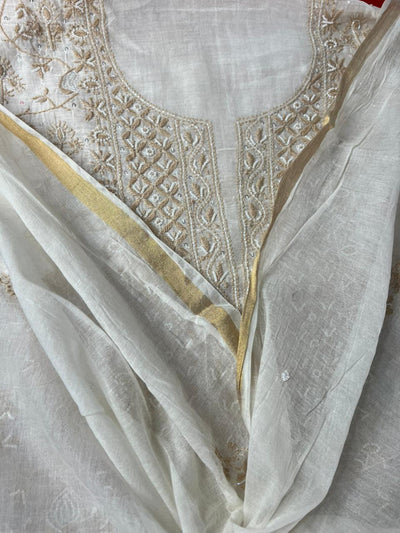 Mul Chanderi 2 Taar Lucknowi Chikankari full jaal Kurta with Dupatta Set
