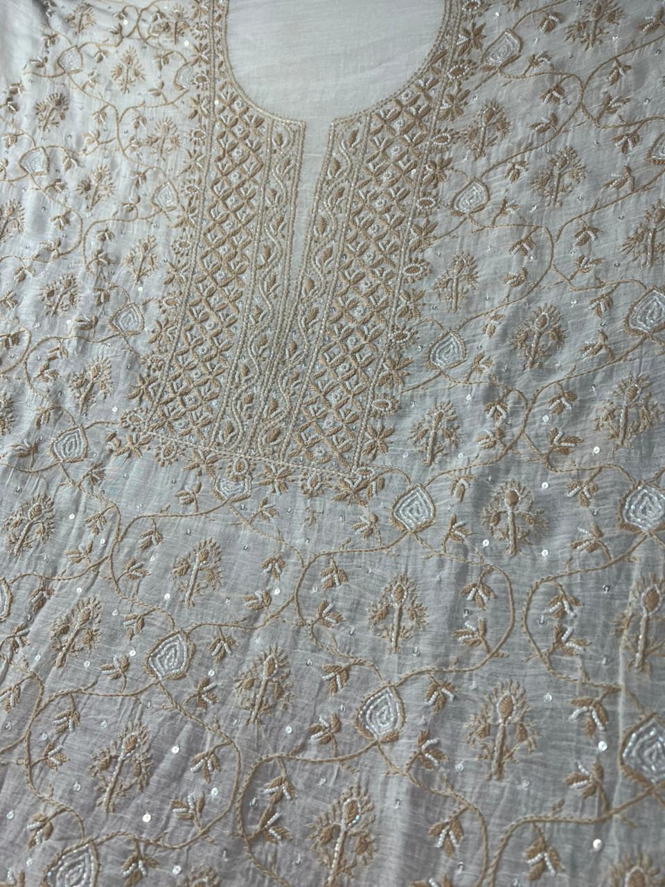 Mul Chanderi 2 Taar Lucknowi Chikankari full jaal Kurta with Dupatta Set