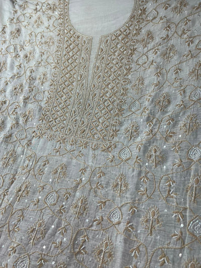 Mul Chanderi 2 Taar Lucknowi Chikankari full jaal Kurta with Dupatta Set