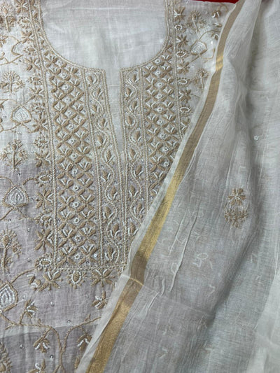 Mul Chanderi 2 Taar Lucknowi Chikankari full jaal Kurta with Dupatta Set
