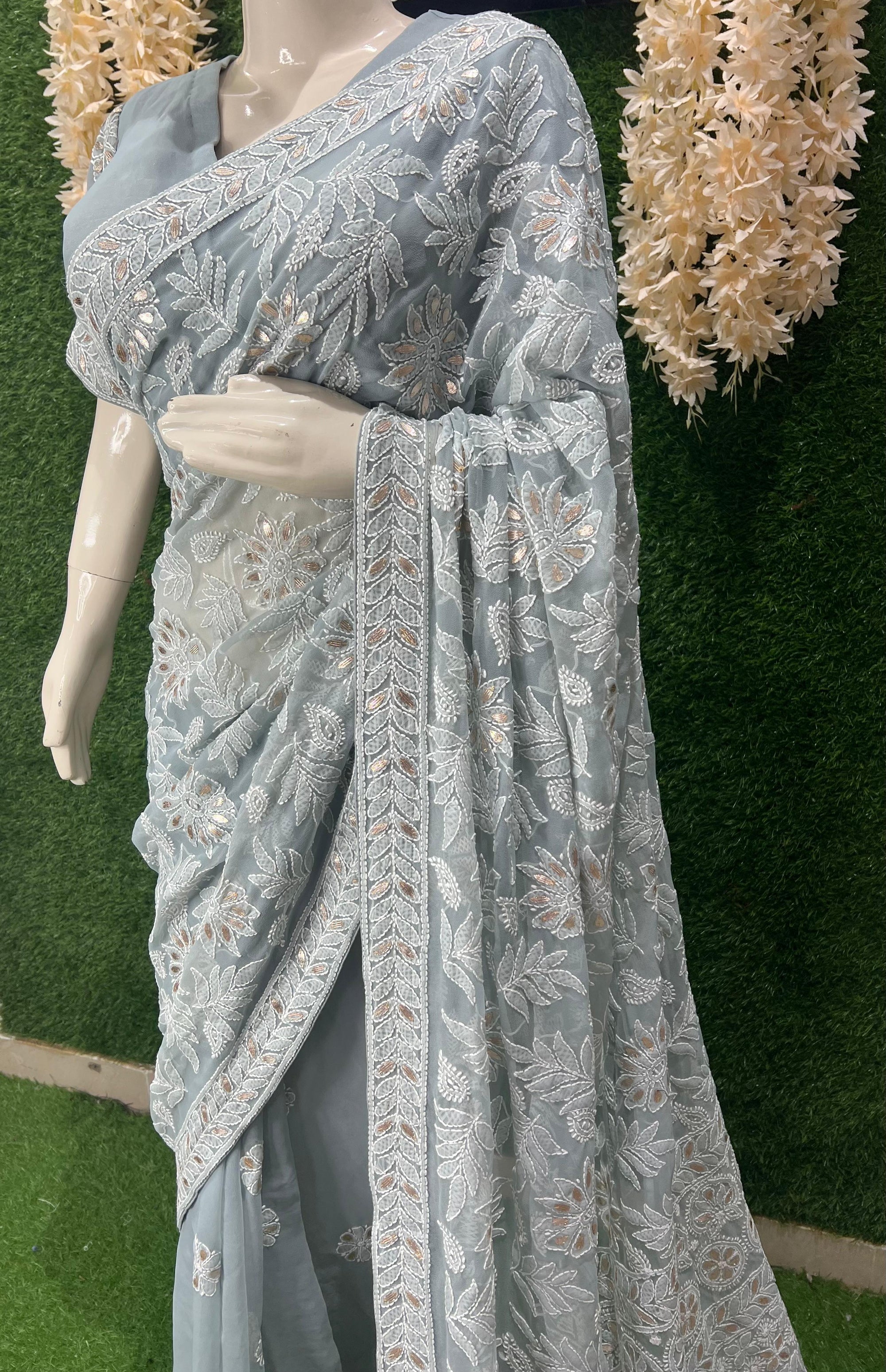 Lucknowi Chikankari Half Jaal Saree with Gota Patti Handwork