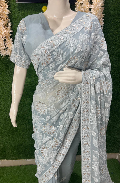 Lucknowi Chikankari Half Jaal Saree with Gota Patti Handwork