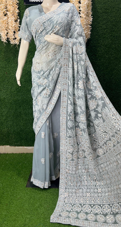 Lucknowi Chikankari Half Jaal Saree with Gota Patti Handwork