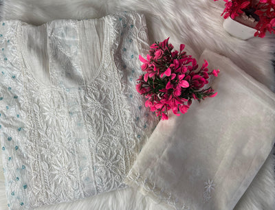 Lucknowi Chikankari Mul Chanderi Suit with Pearl & Cutdana Handwork (2-Piece Set)