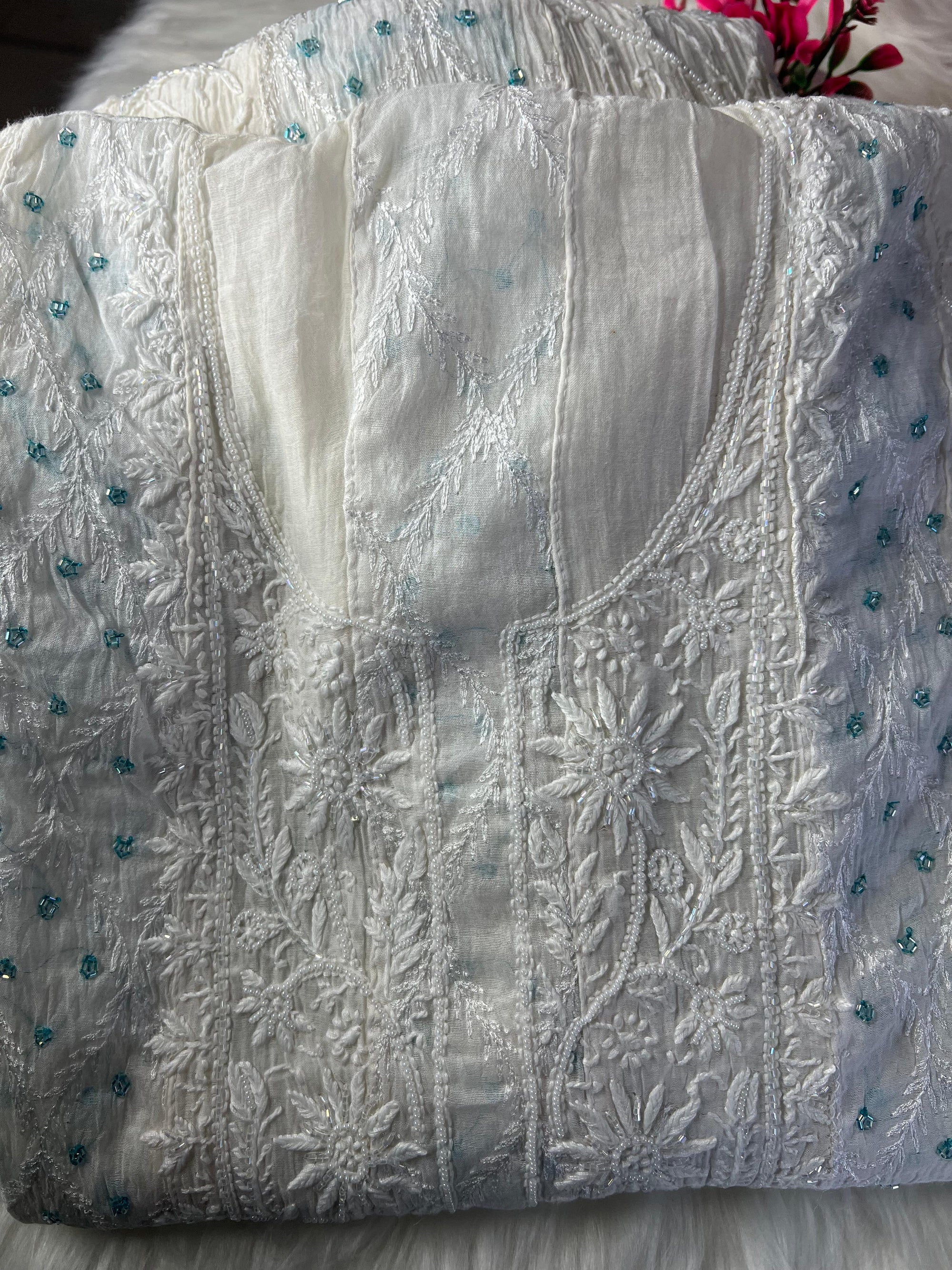 Lucknowi Chikankari Mul Chanderi Suit with Pearl & Cutdana Handwork (2-Piece Set)