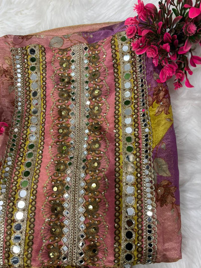 Tissue Shimmer Suit Set with Real Mirror Neckline & Lace-Trimmed Dupatta